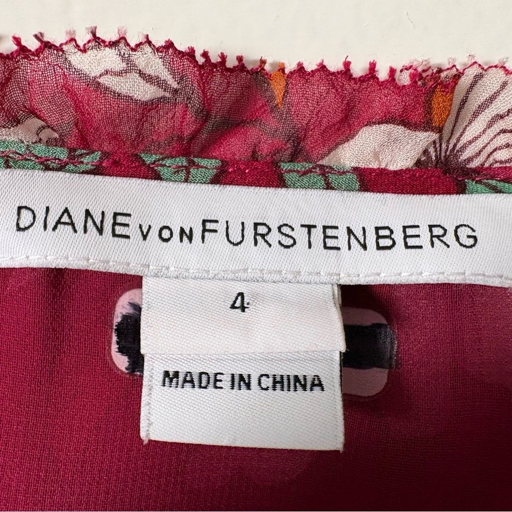 Silk Chiffon Floral Crop Blouse Ruffle Davi Red Green 4 Rare DVF Signature Print - Picture 7 of 8